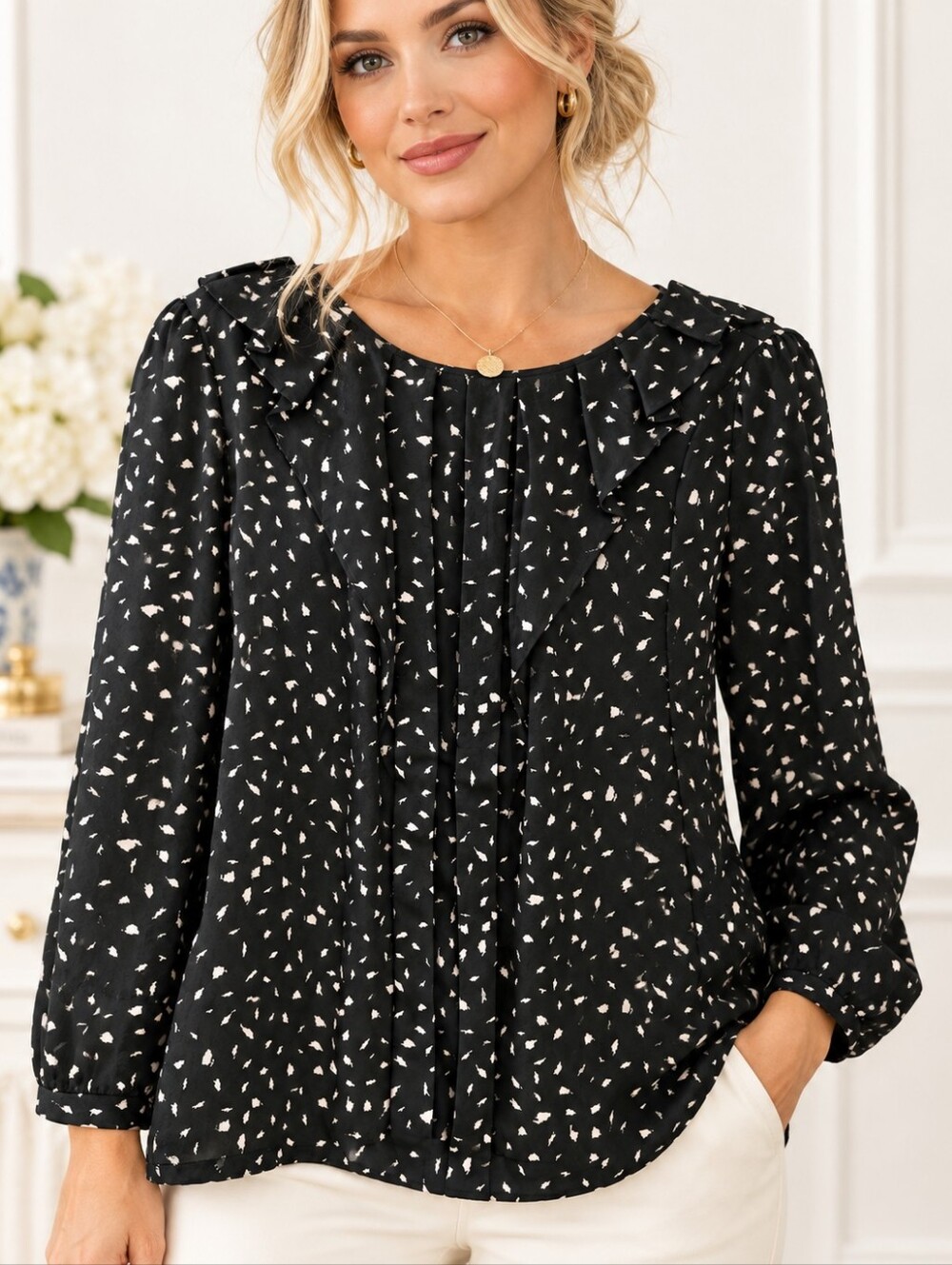 LOFT Black Ivory Abstract Print Ruffle Blouse Long Sleeve | Size Medium